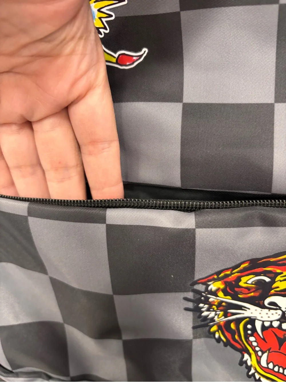 Ed Hardy Black and Gray Checkerboard Skull & Tiger Backpack